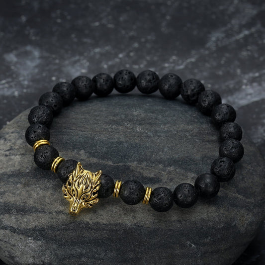 Nordic Pride Grey Wolf  Head and Lava Stone Bracelet