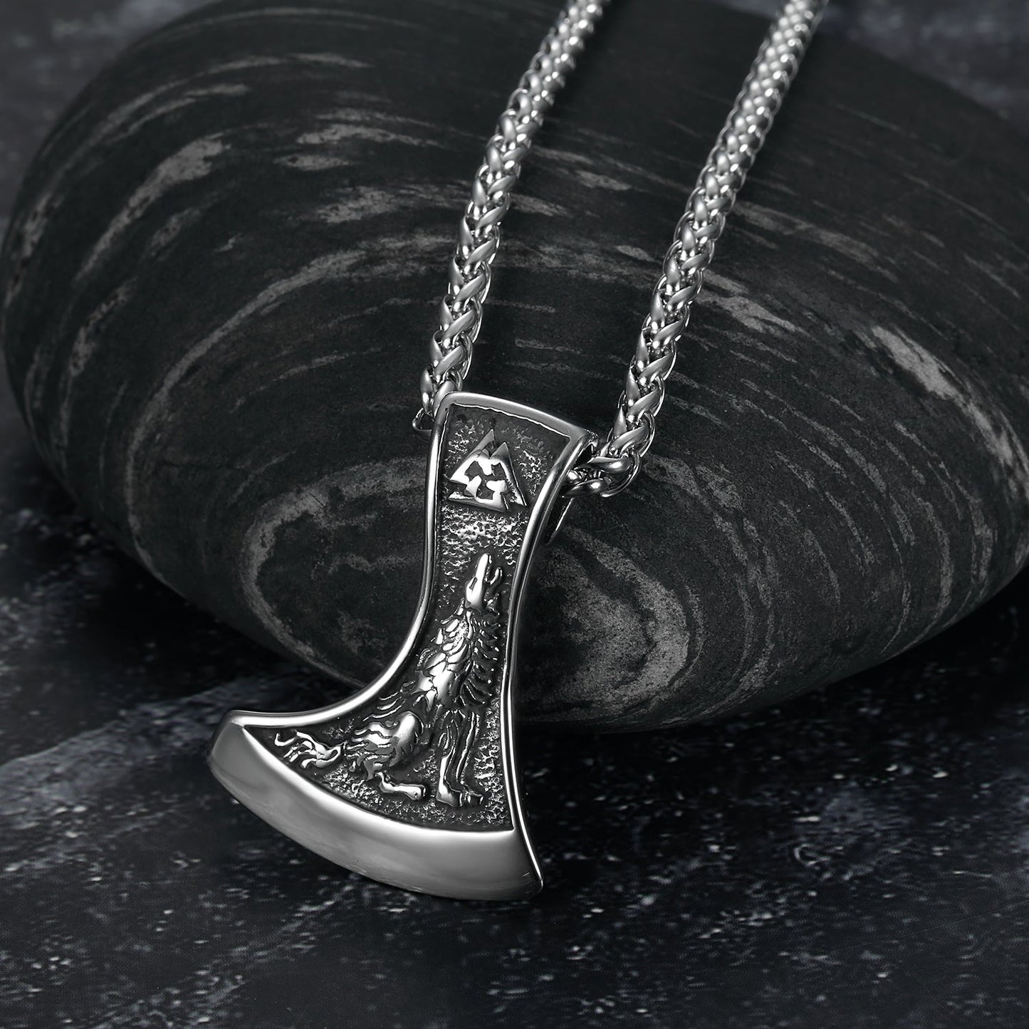 Nordic Pride Handcrafted Stainless Steel Valknut Symbol with Raven & Grey Wolf  Pendant & Chain