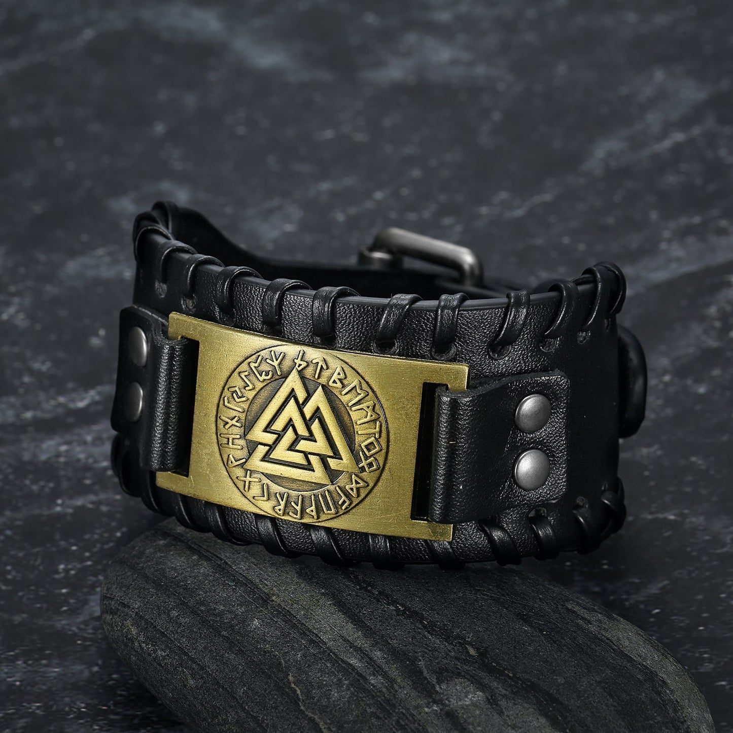 Nordic Pride Leather Buckle Arm Cuff With Metal Valknut Symbol Design