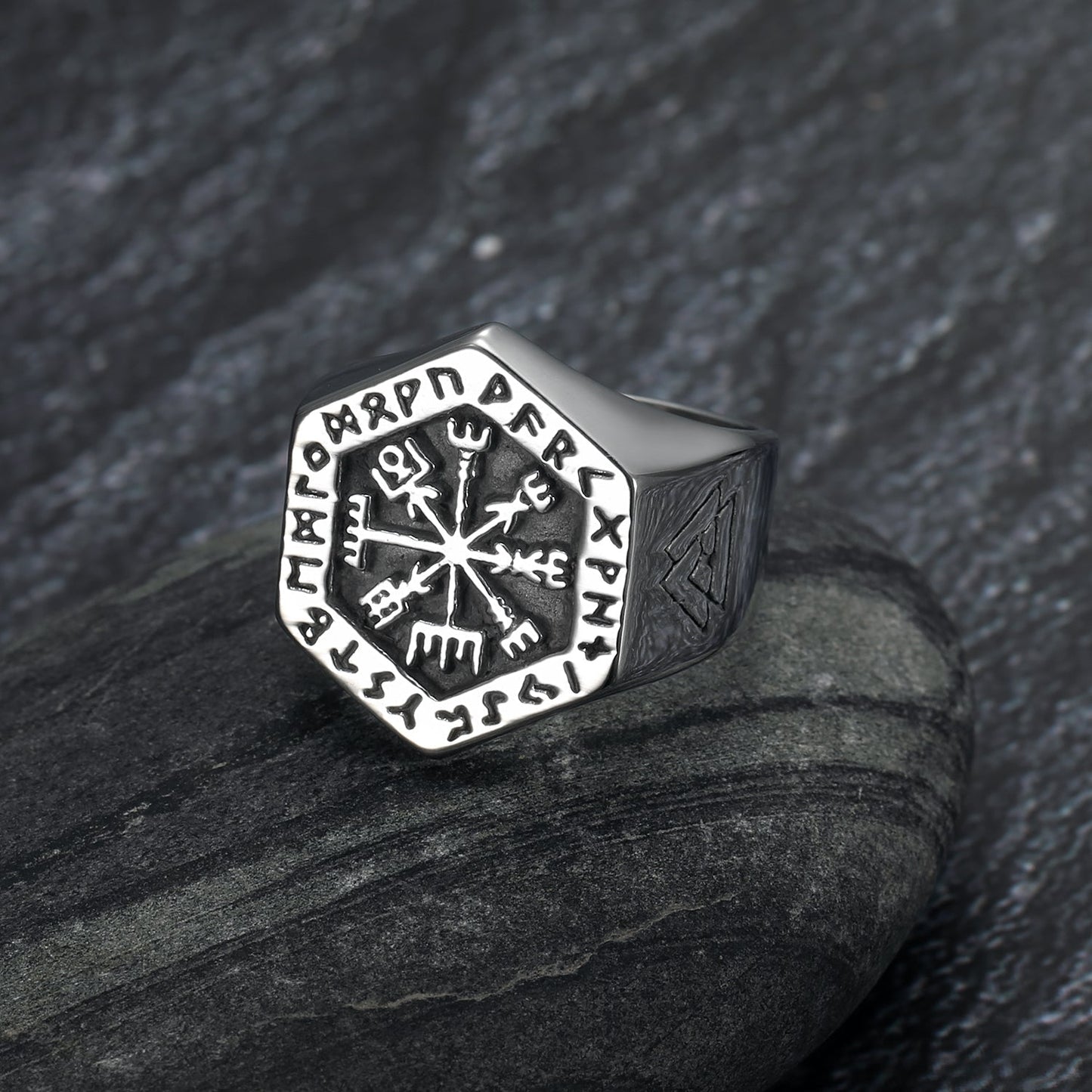 Nordic Pride Handcrafted Stainless Steel Hexagonal Icelandic Stave & Valknut Symbol Rune Ring