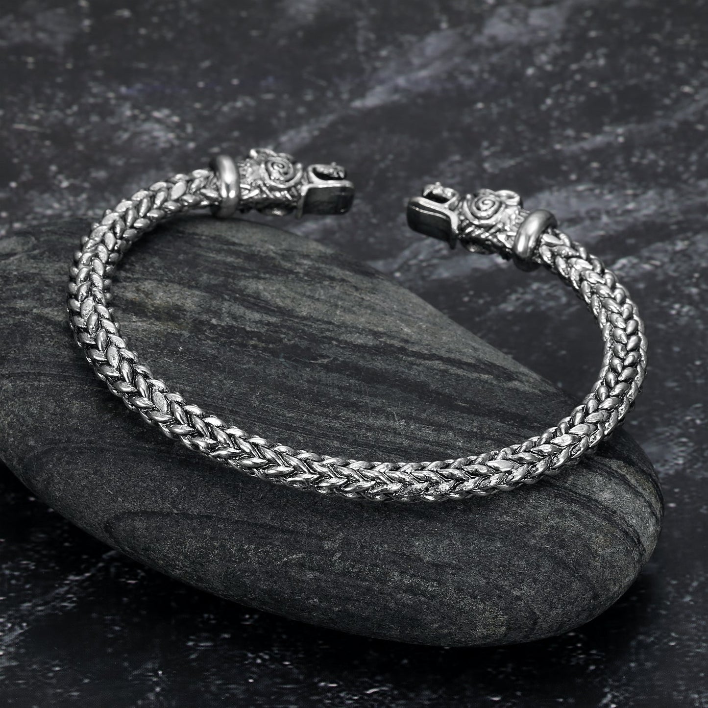 Nordic Pride Small Handcrafted Stainless Steel Grey Wolf  Head Torc Bracelet