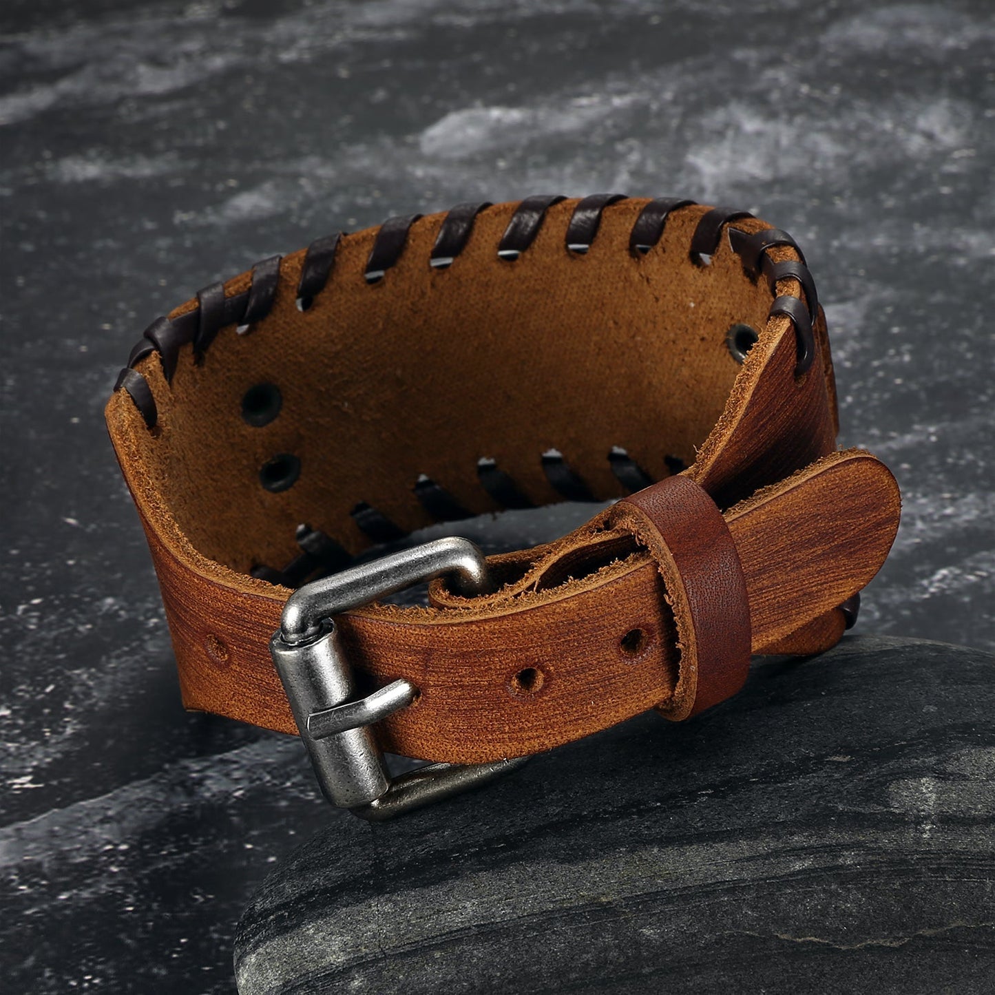 Nordic Pride Leather Buckle Arm Cuff With Metal Icelandic Stave Design