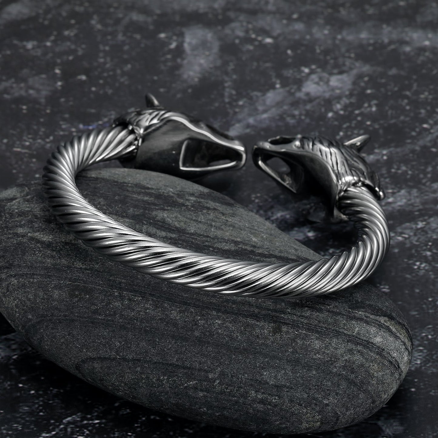 Nordic Pride Handcrafted Stainless Steel Large Grey Wolf  Head Torc Bracelet