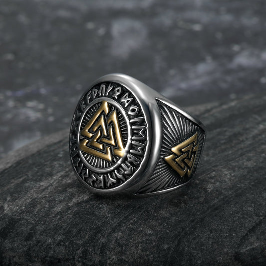 Nordic Pride Handcrafted Stainless Steel Gold & Silver Valknut Symbol and Runes Ring