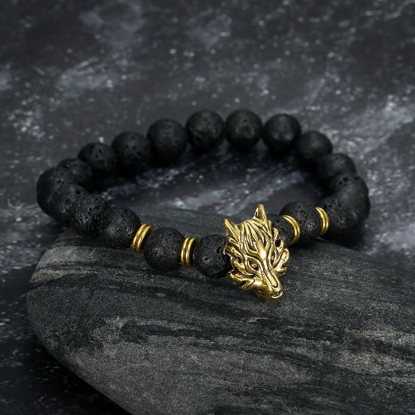 Nordic Pride Grey Wolf  Head and Lava Stone Bracelet