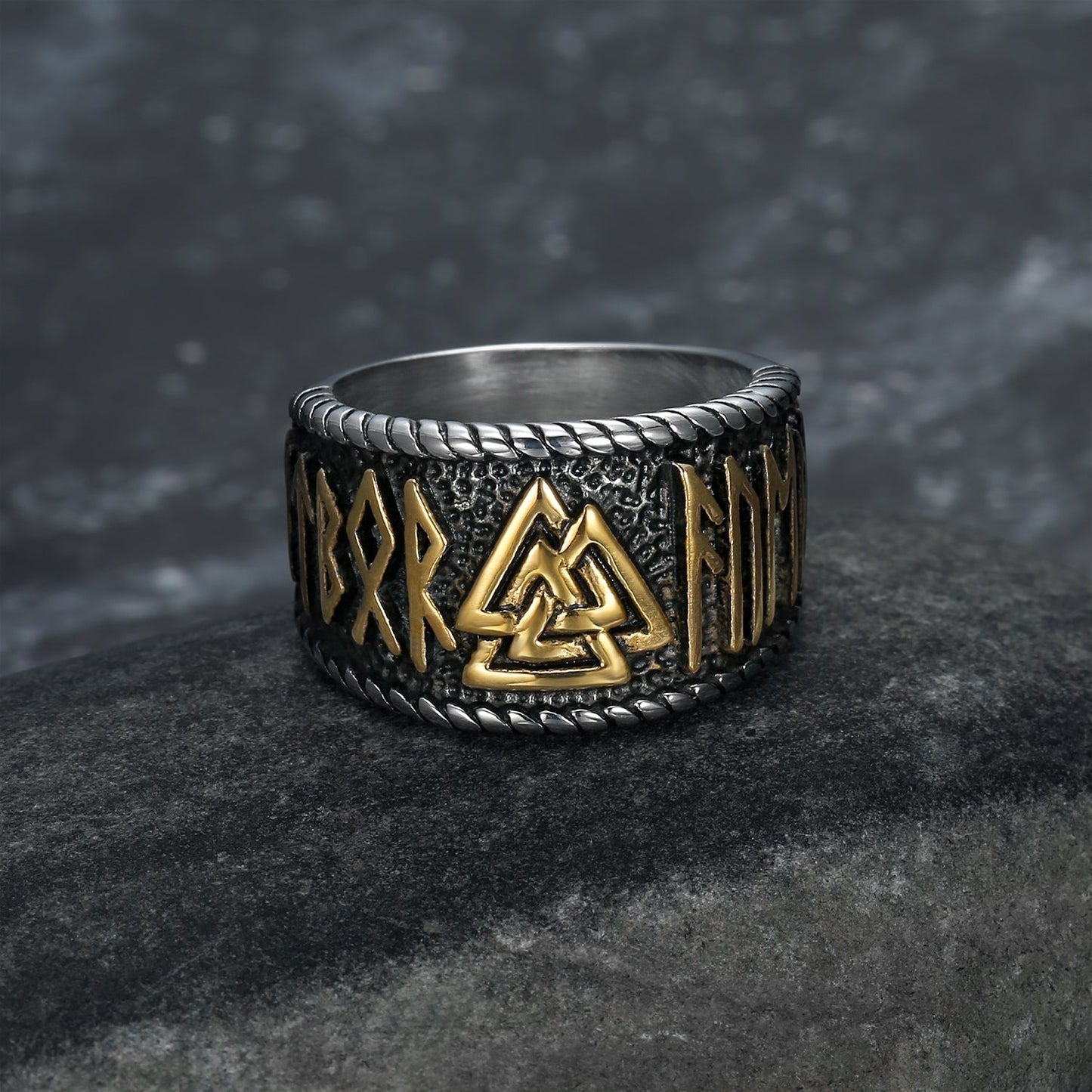 Nordic Pride Handcrafted Stainless Steel Valknut Symbol and Rune Ring