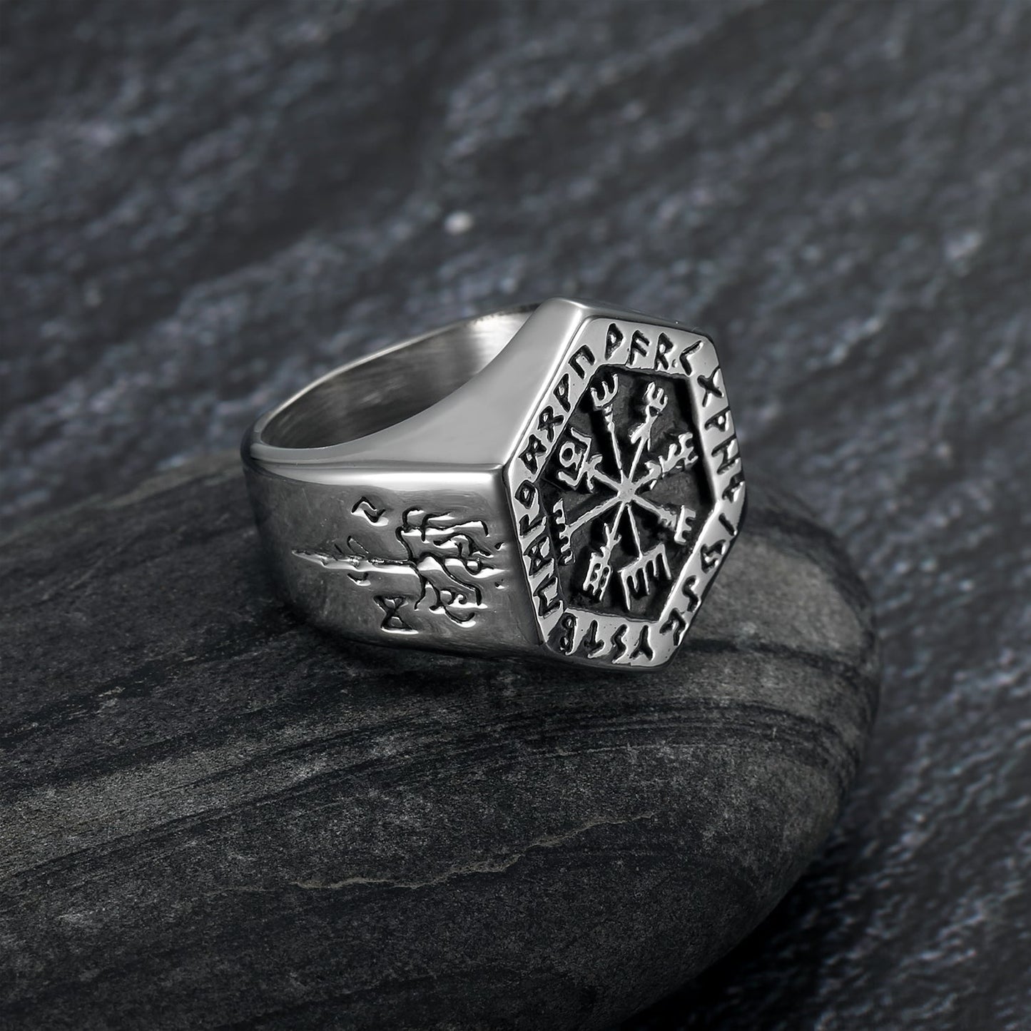 Nordic Pride Handcrafted Stainless Steel Hexagonal Icelandic Stave & Valknut Symbol Rune Ring