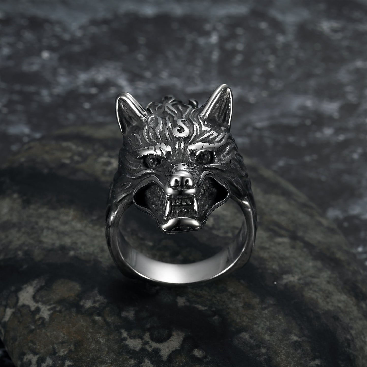 Nordic Pride Handcrafted Stainless Steel Grey Wolf  Head Biker Ring