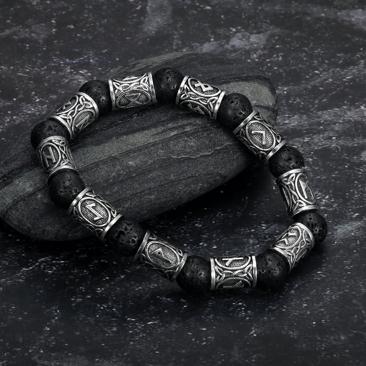Nordic Pride Silver Rune and Black Lava Stone Bracelet