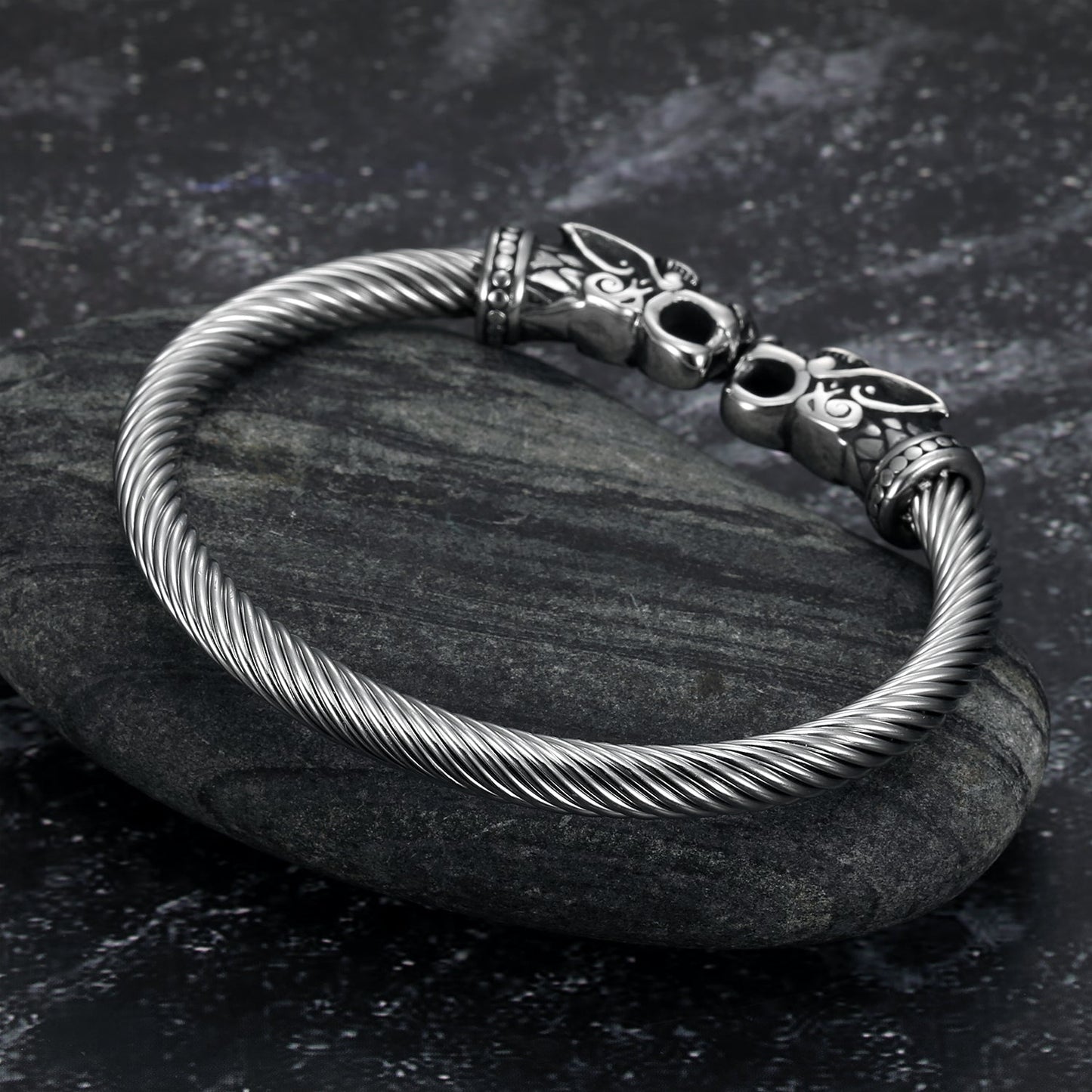 Nordic Pride Handcrafted Stainless Steel Grey Wolf  Head Torc Bracelet