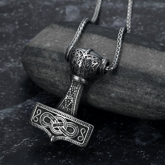 Nordic Pride Handcrafted Stainless Steel Chunky Mjolnir Pendant & Chain With Celtic Scrolls