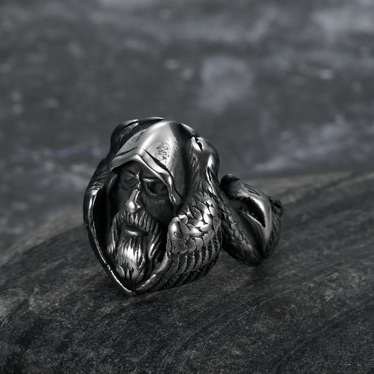 Nordic Pride Handcrafted Stainless Steel Nordic Odin Ring With Raven and Grey Wolf