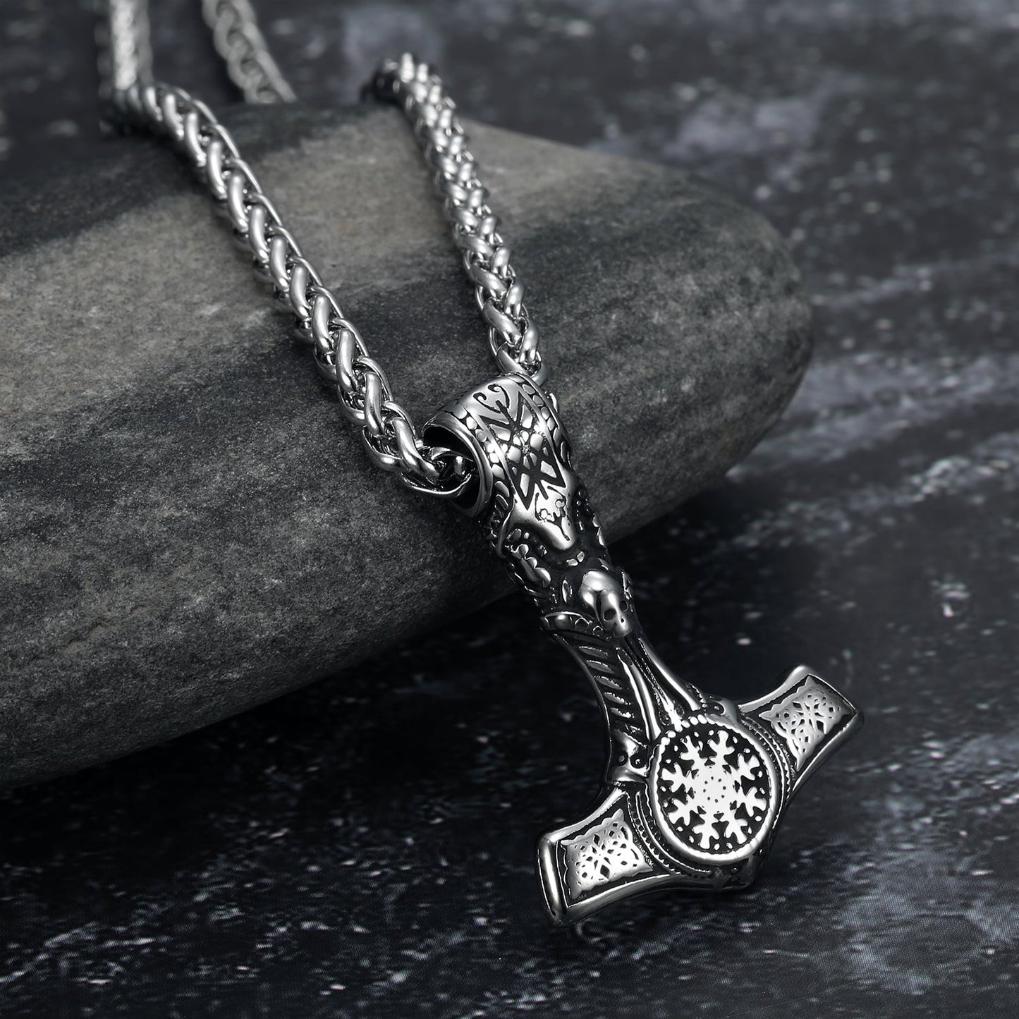 Nordic Pride Handcrafted Stainless Steel Mjolnir With Skull and Helm of Terror