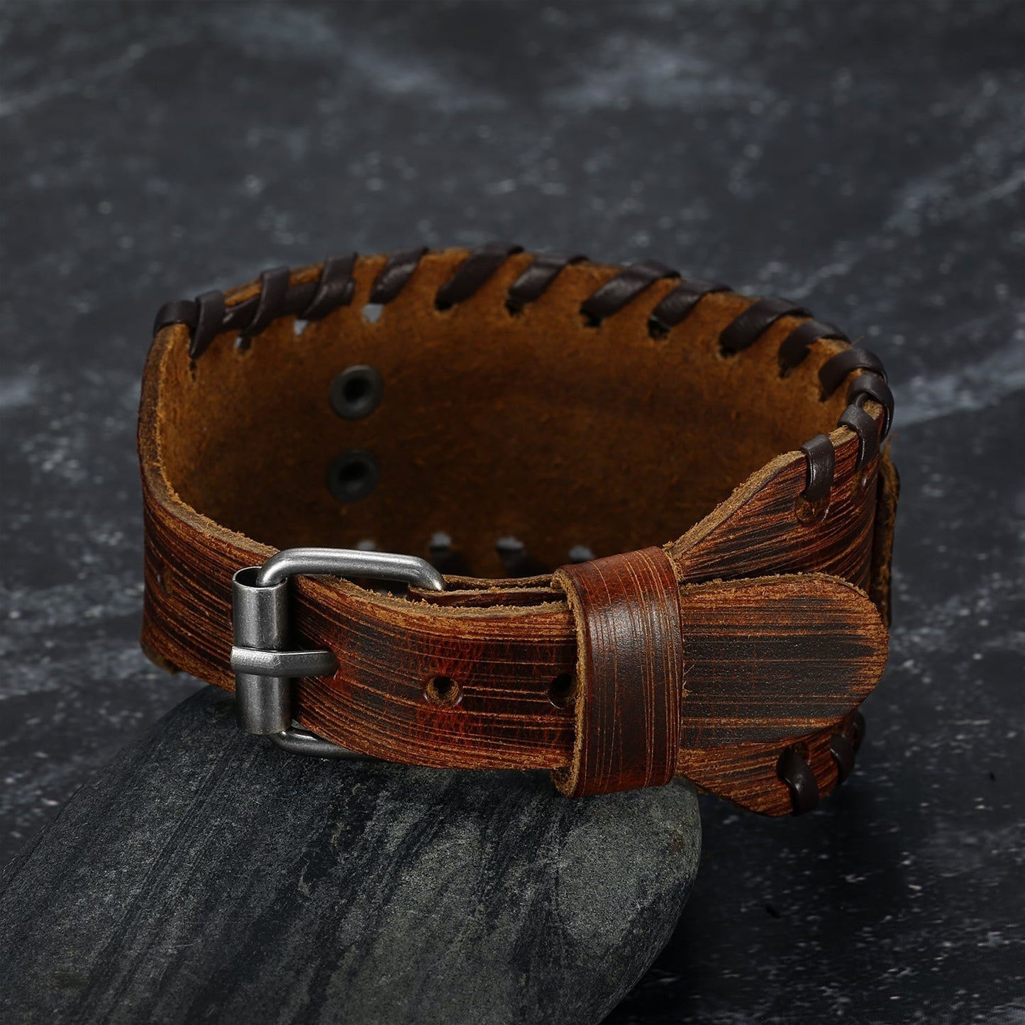 Nordic Pride Leather Buckle Arm Cuff With Fenrir Design