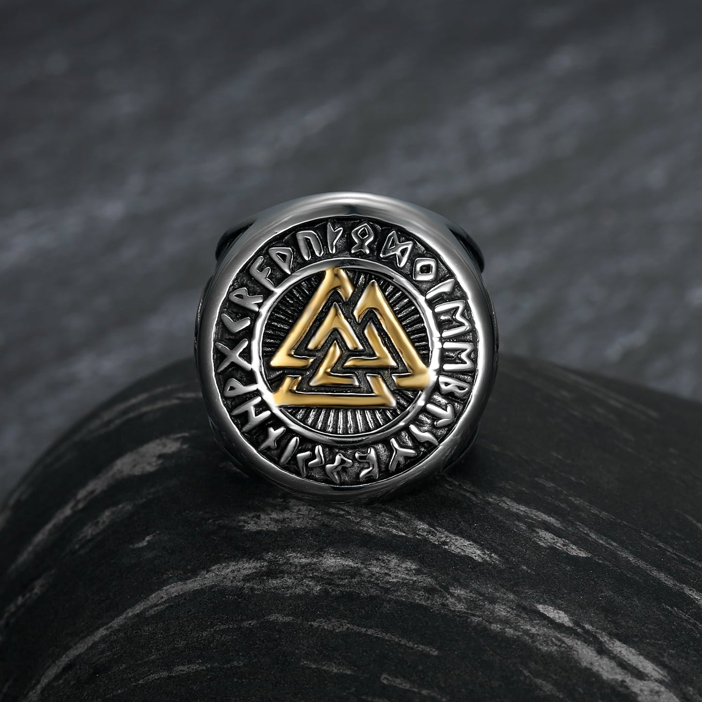 Nordic Pride Handcrafted Stainless Steel Gold & Silver Valknut Symbol and Runes Ring