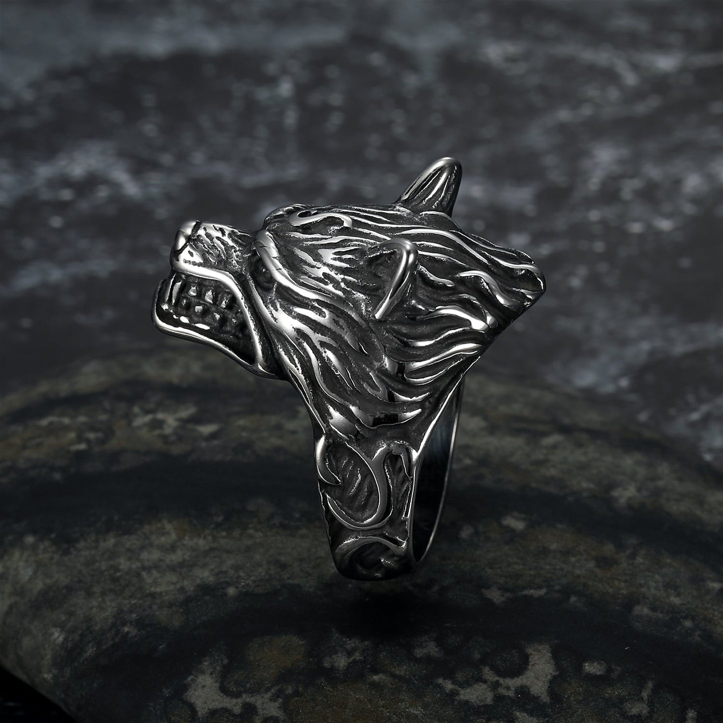 Nordic Pride Handcrafted Stainless Steel Grey Wolf  Head Biker Ring