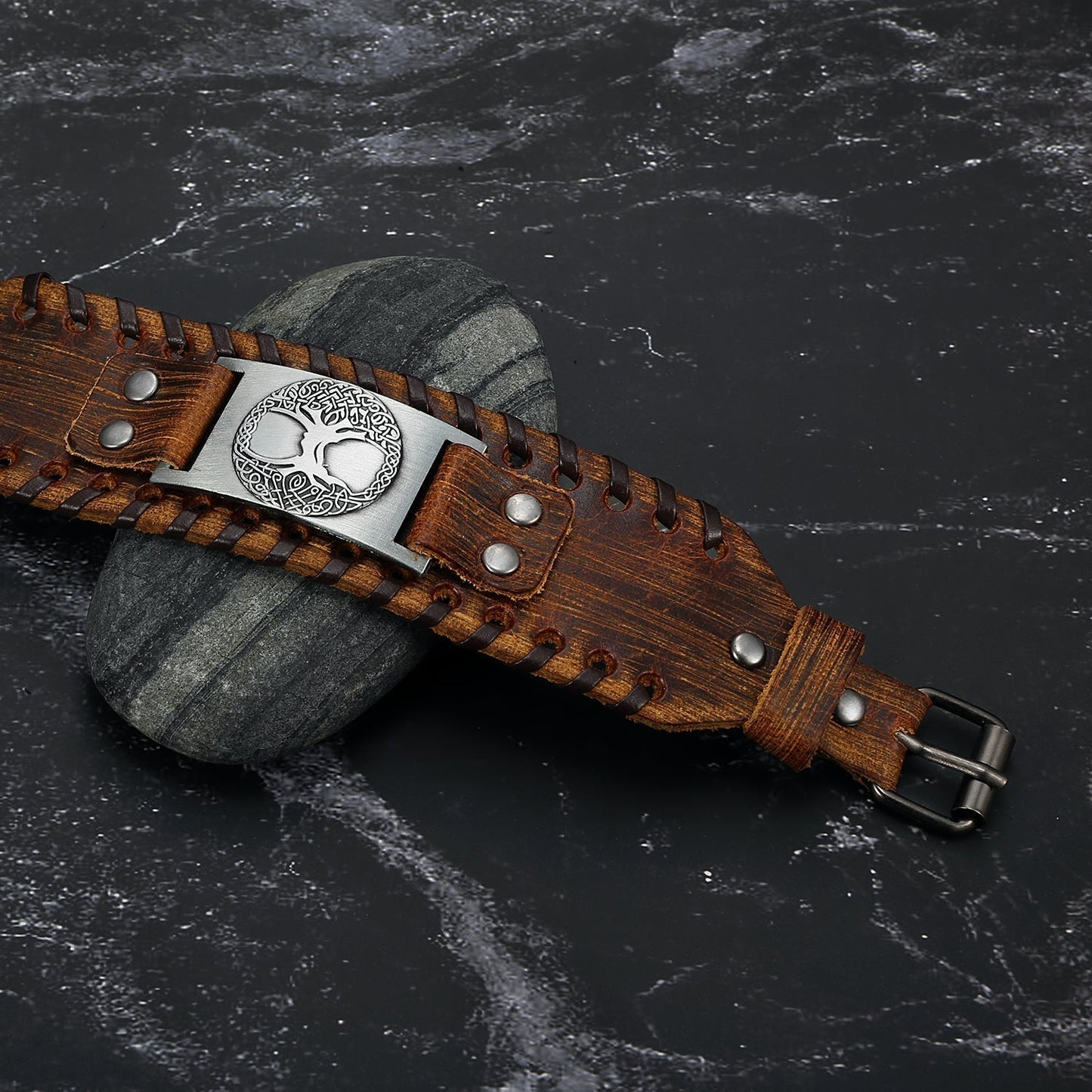 Nordic Pride Leather Buckle Arm Cuff With Metal Celtic Tree of Life Design