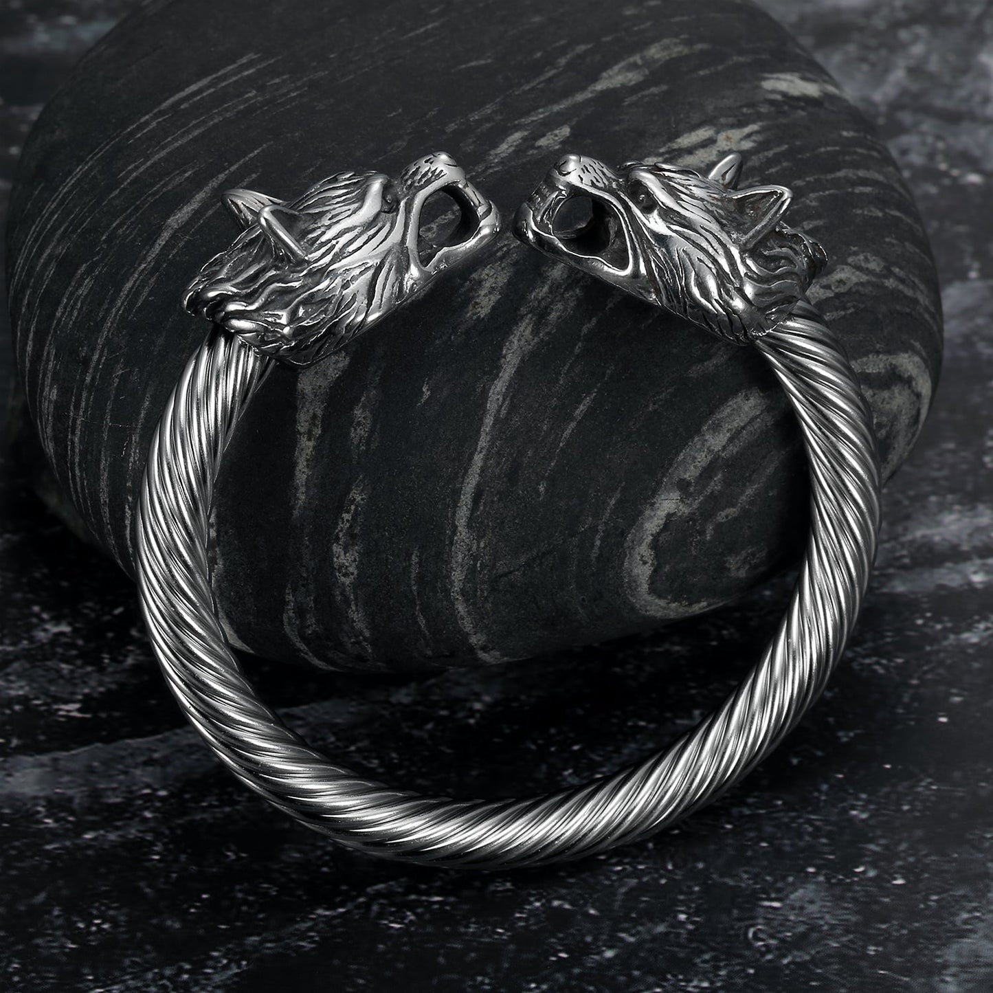 Nordic Pride Handcrafted Stainless Steel Large Grey Wolf  Head Torc Bracelet