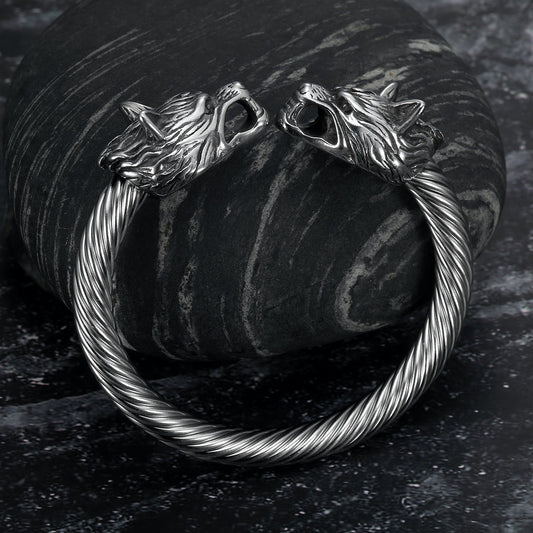 Nordic Pride Handcrafted Stainless Steel Large Grey Wolf  Head Torc Bracelet