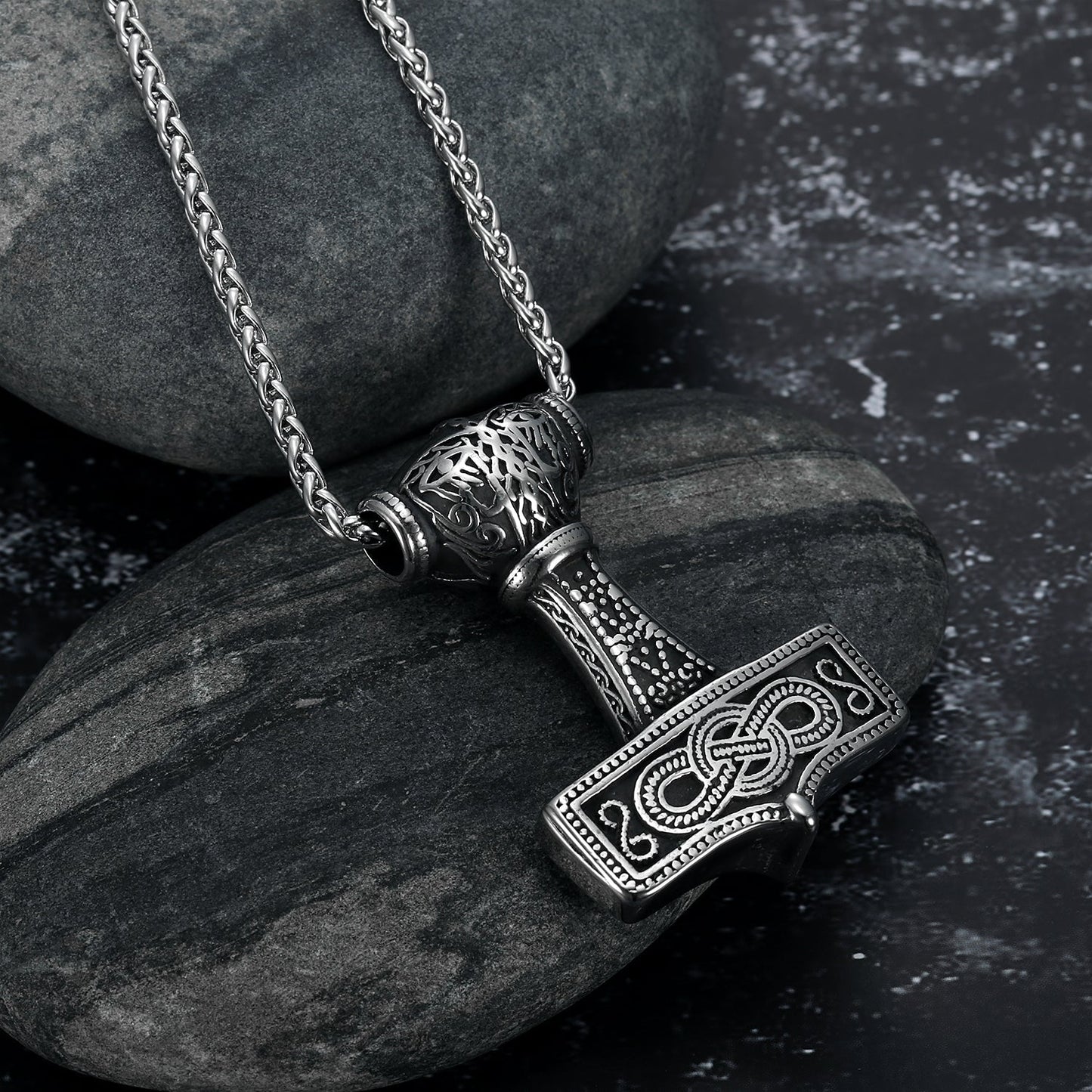 Nordic Pride Handcrafted Stainless Steel Chunky Mjolnir Pendant & Chain With Celtic Scrolls