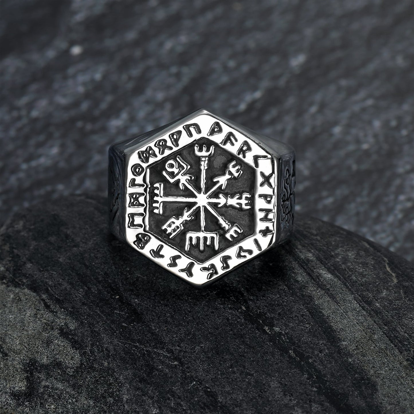 Nordic Pride Handcrafted Stainless Steel Hexagonal Icelandic Stave & Valknut Symbol Rune Ring