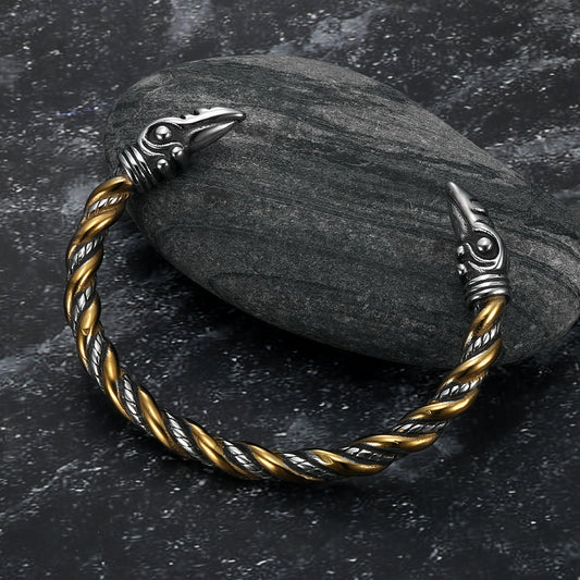 Nordic Pride Handcrafted Stainless Steel Beaded Spiral Raven Head Torc Bracelet