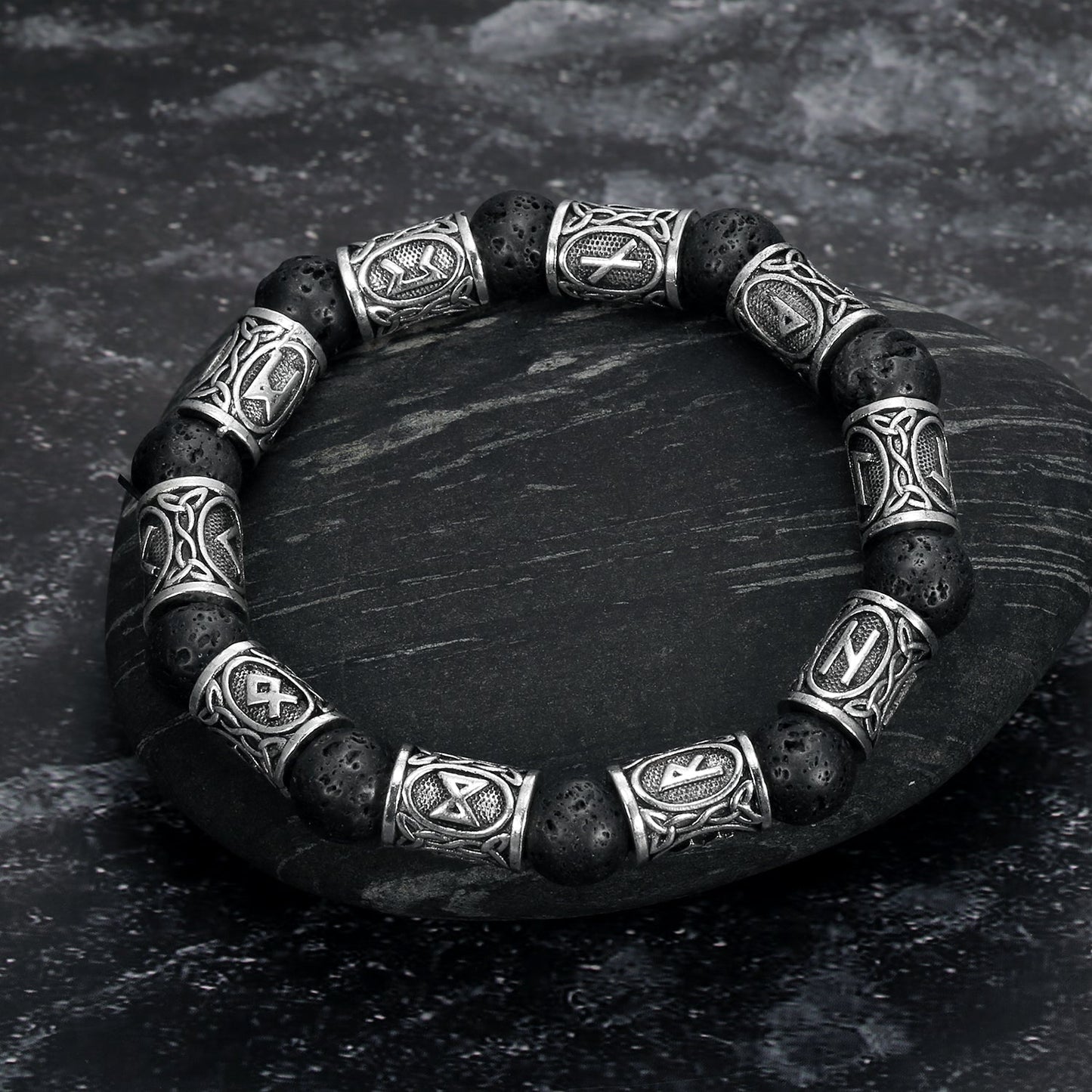 Nordic Pride Silver Rune and Black Lava Stone Bracelet