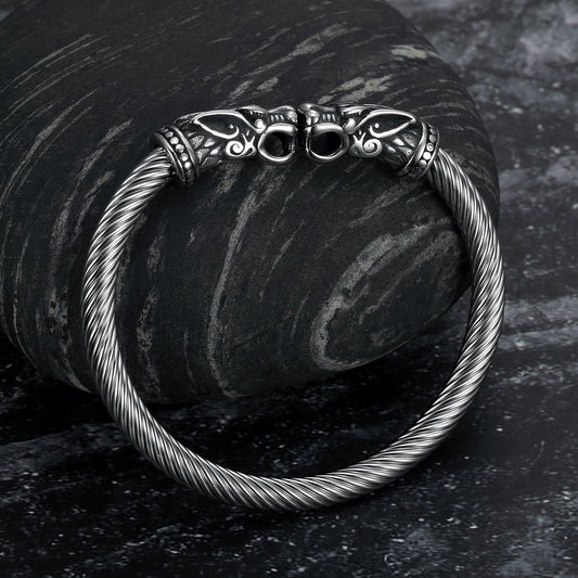 Nordic Pride Handcrafted Stainless Steel Grey Wolf  Head Torc Bracelet