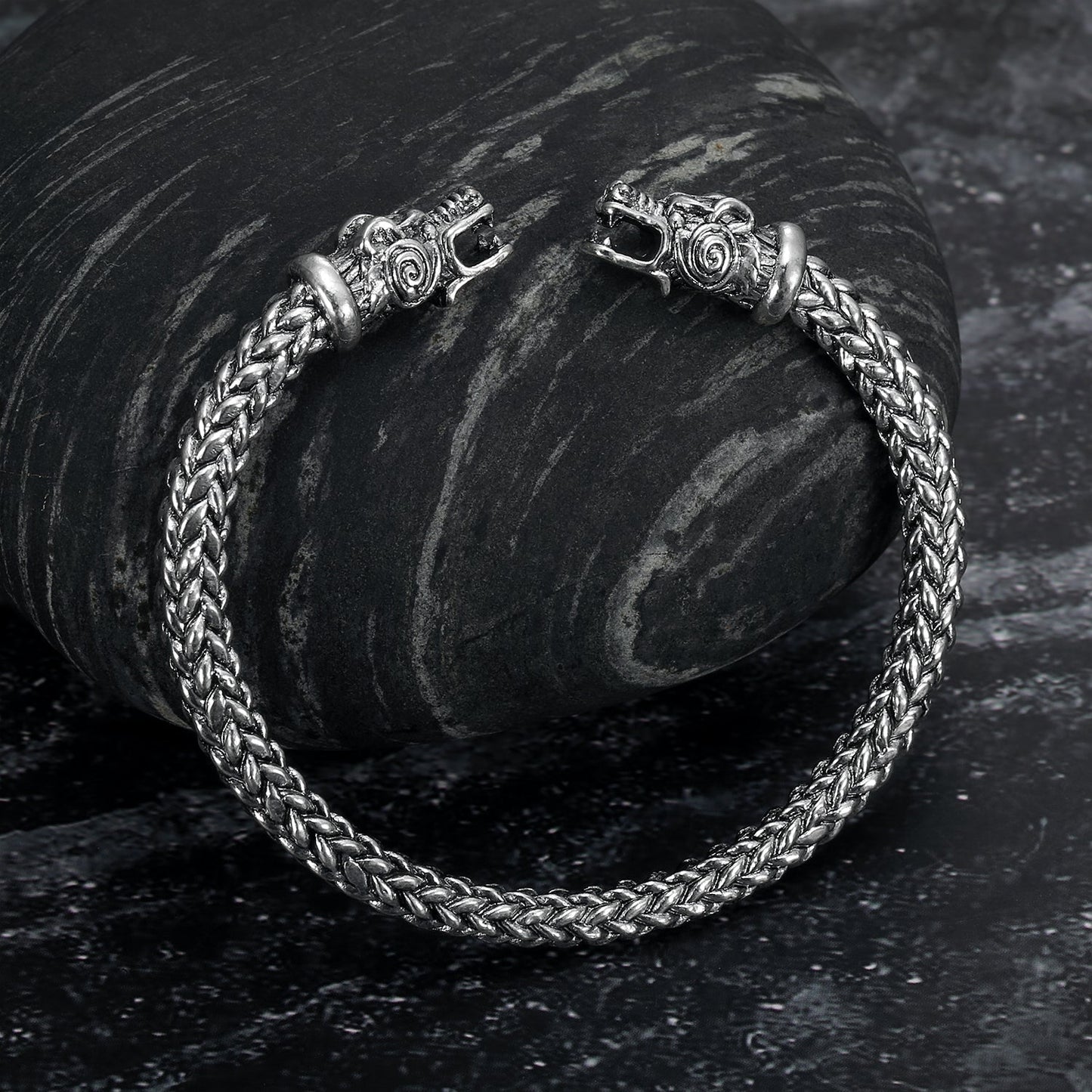 Nordic Pride Small Handcrafted Stainless Steel Grey Wolf  Head Torc Bracelet