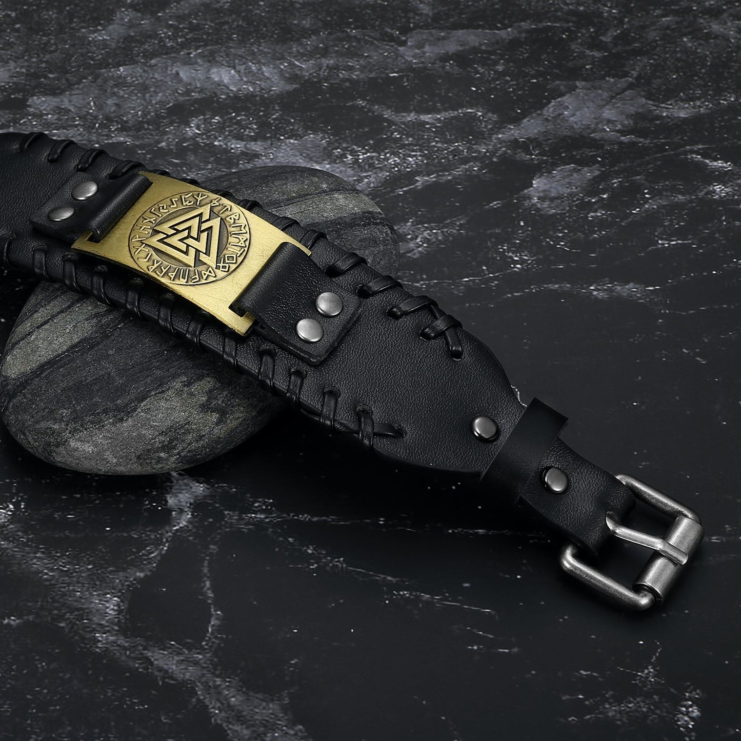 Nordic Pride Leather Buckle Arm Cuff With Metal Valknut Symbol Design