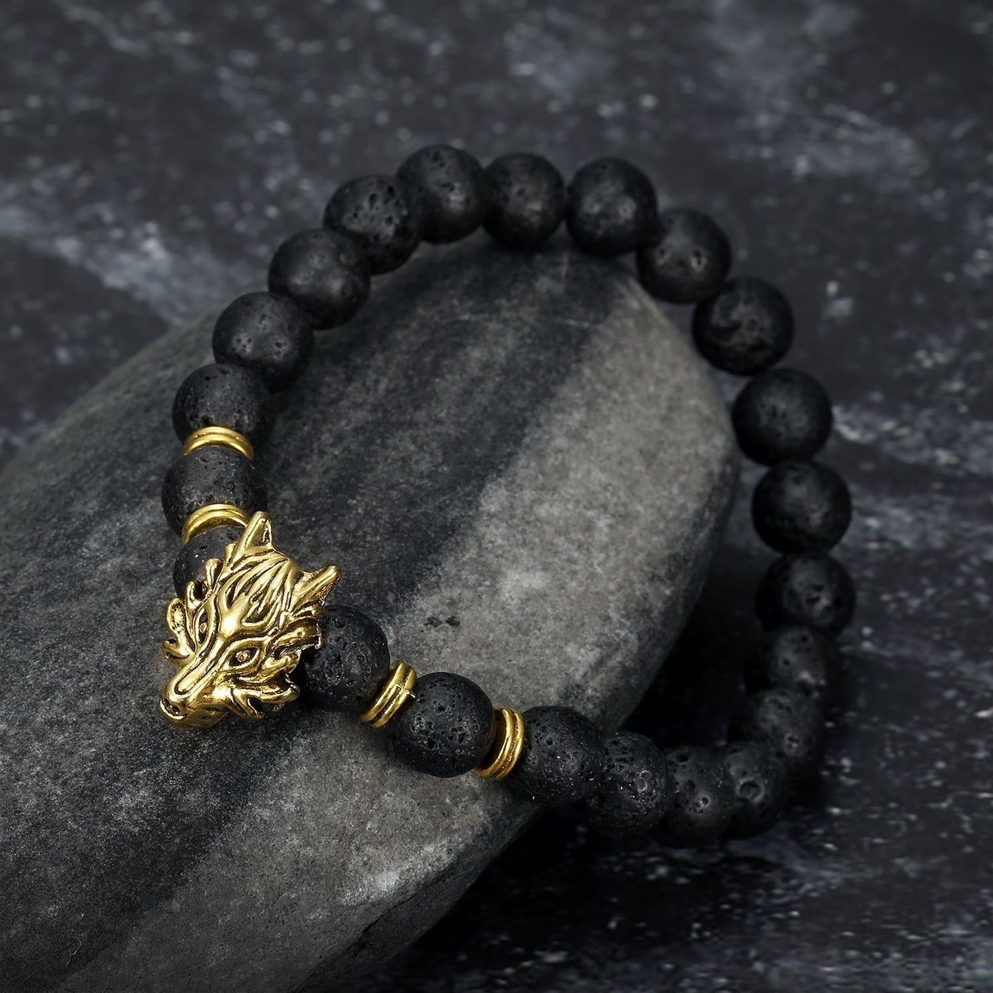 Nordic Pride Grey Wolf  Head and Lava Stone Bracelet