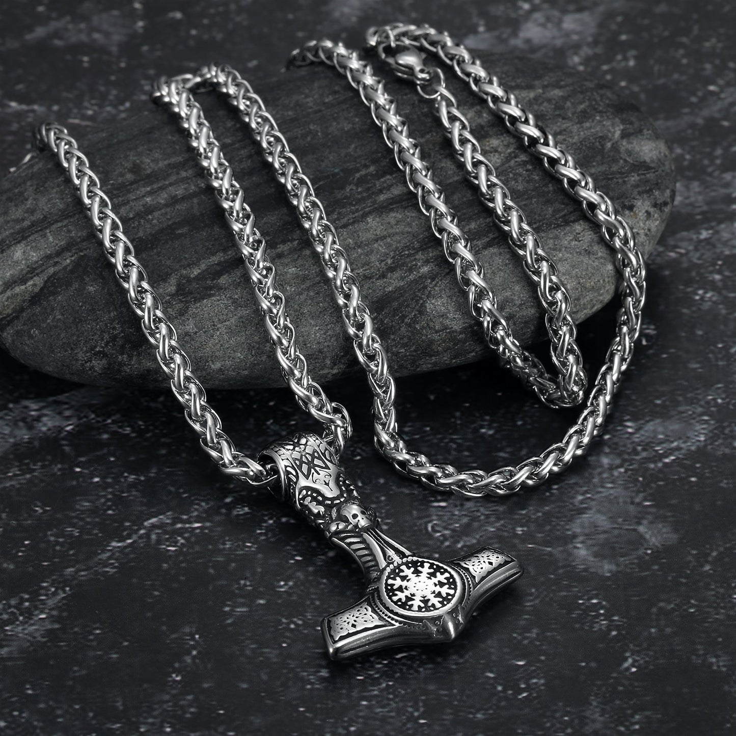 Nordic Pride Handcrafted Stainless Steel Mjolnir With Skull and Helm of Terror