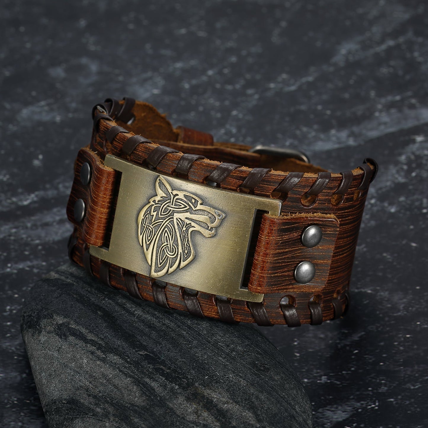Nordic Pride Leather Buckle Arm Cuff With Fenrir Design