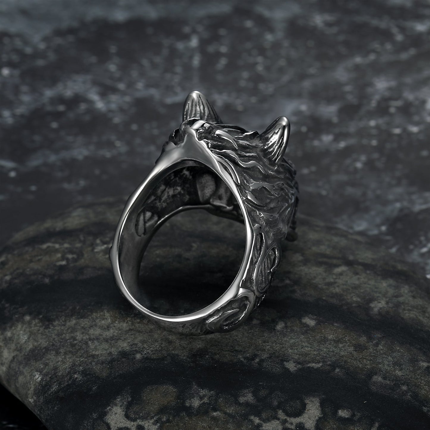 Nordic Pride Handcrafted Stainless Steel Grey Wolf  Head Biker Ring