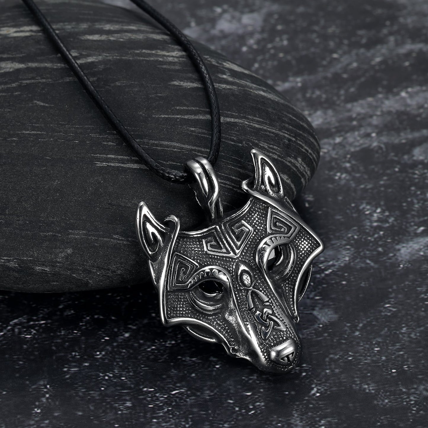 Nordic Pride Norse Grey Wolf  Head Pendant & Chain - Leather Chain