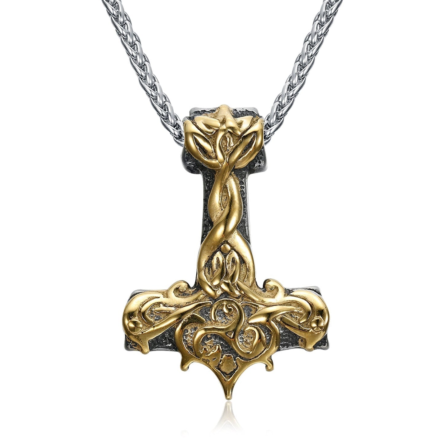 Nordic Pride Handcrafted Stainless Steel Gold & Silver Ornate Thor's Gavel Pendant & Chain