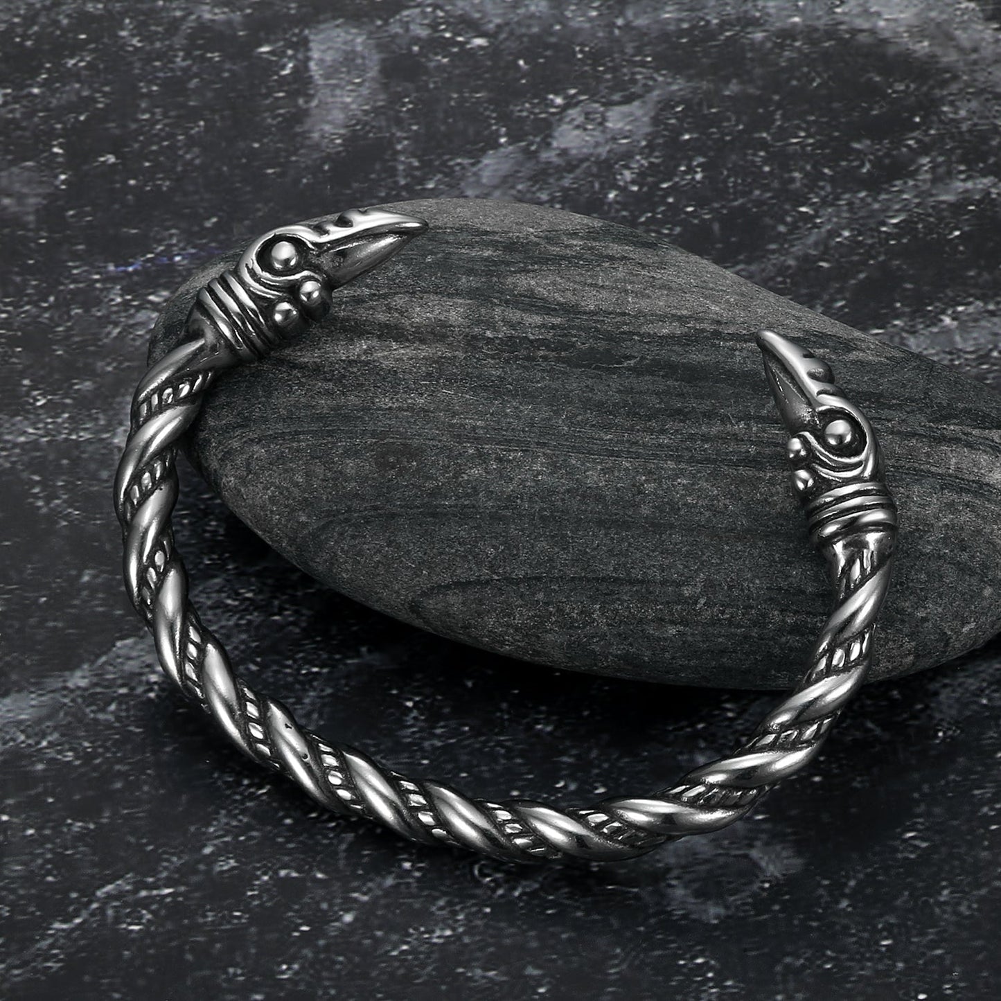 Nordic Pride Handcrafted Stainless Steel Beaded Spiral Raven Head Torc Bracelet