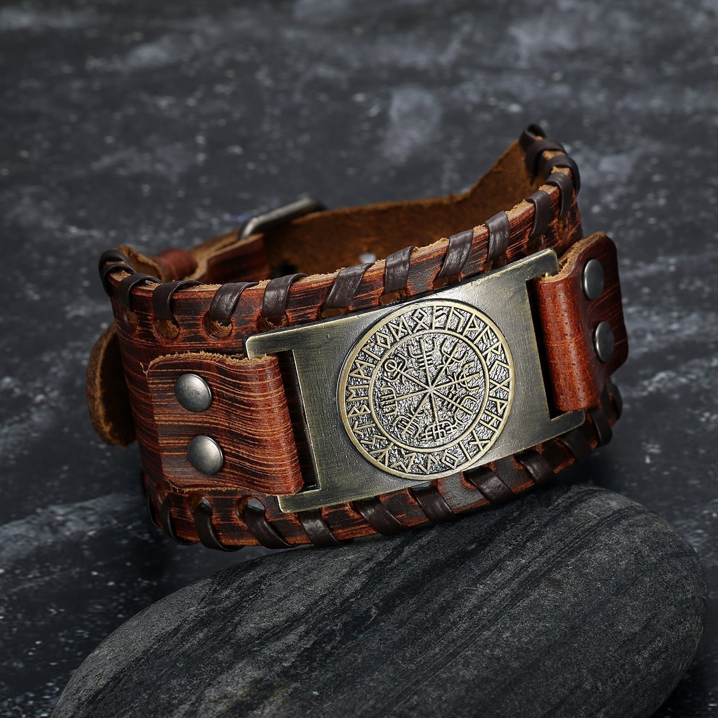 Nordic Pride Leather Buckle Arm Cuff With Metal Icelandic Stave Design