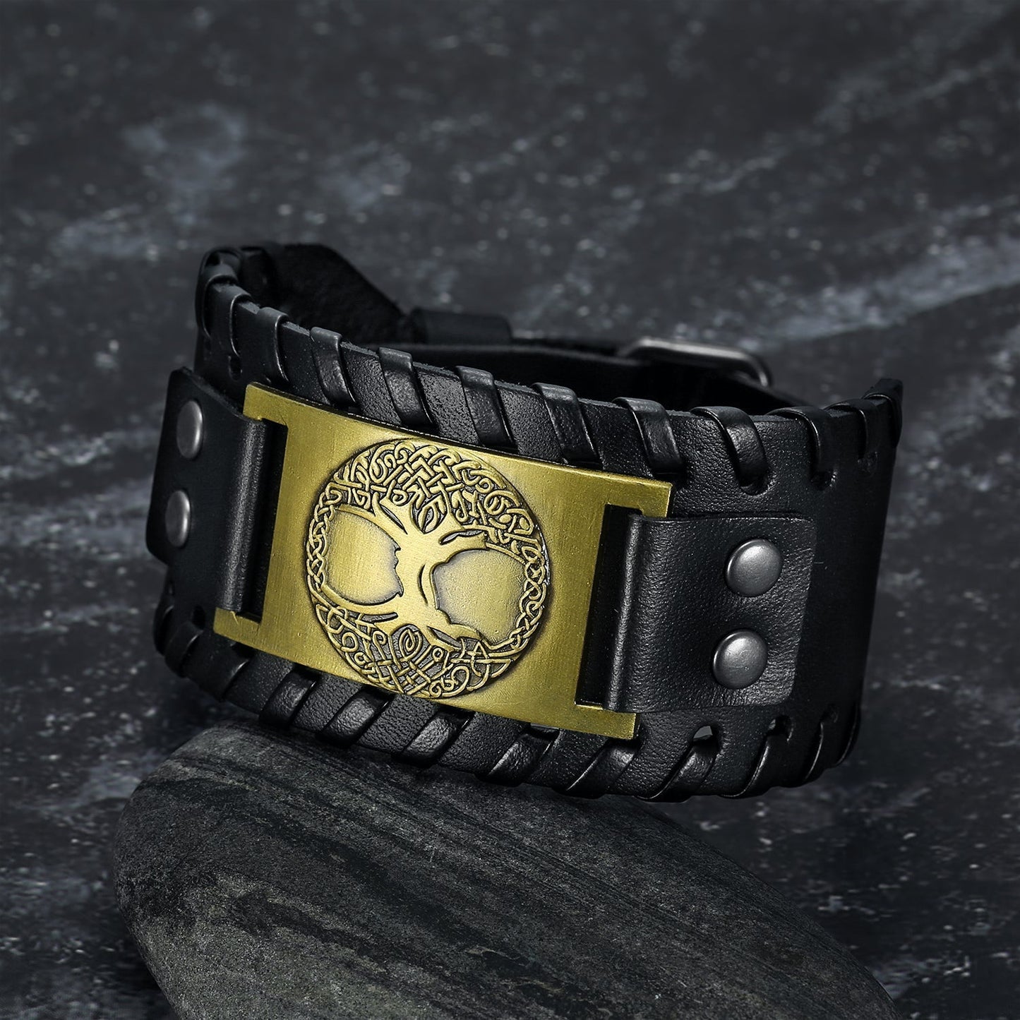 Nordic Pride Leather Buckle Arm Cuff With Metal Celtic Tree of Life Design