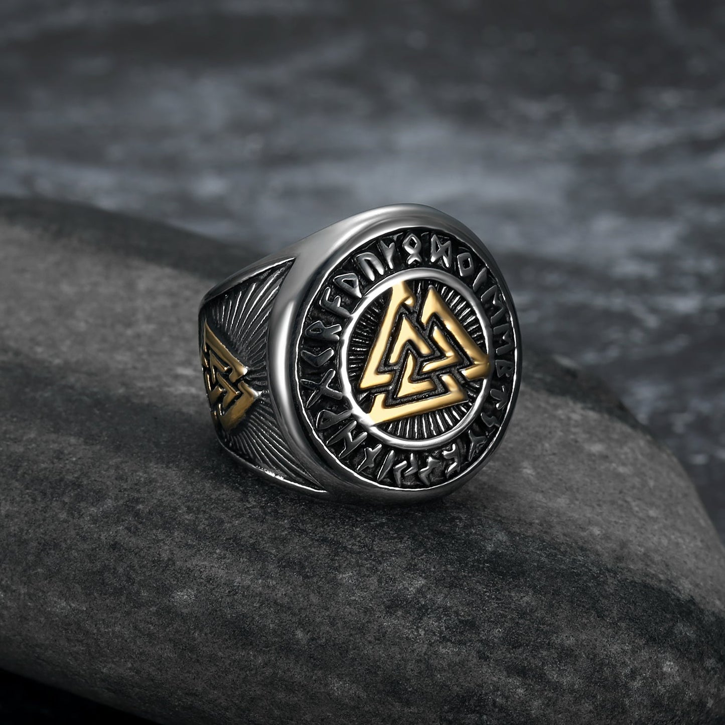 Nordic Pride Handcrafted Stainless Steel Gold & Silver Valknut Symbol and Runes Ring