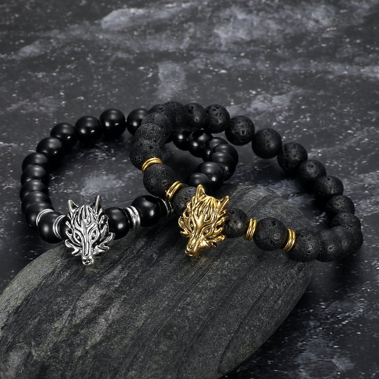 Nordic Pride Grey Wolf  Head and Lava Stone Bracelet