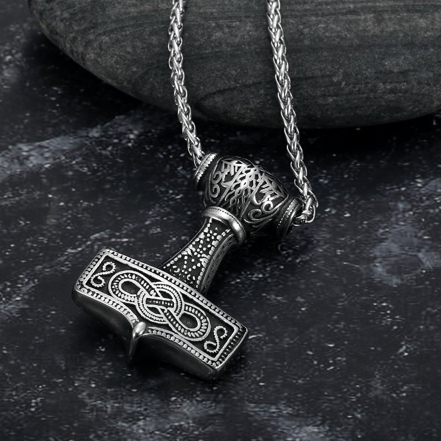 Nordic Pride Handcrafted Stainless Steel Chunky Mjolnir Pendant & Chain With Celtic Scrolls