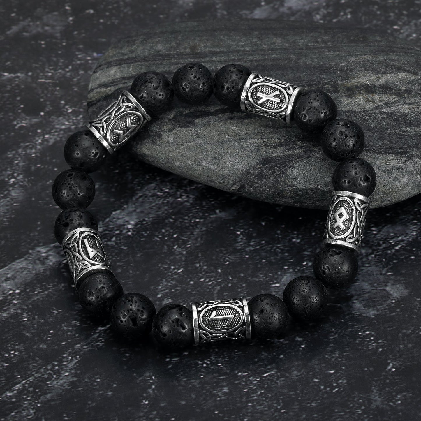 Nordic Pride Silver Rune and Black Lava Stone Bracelet