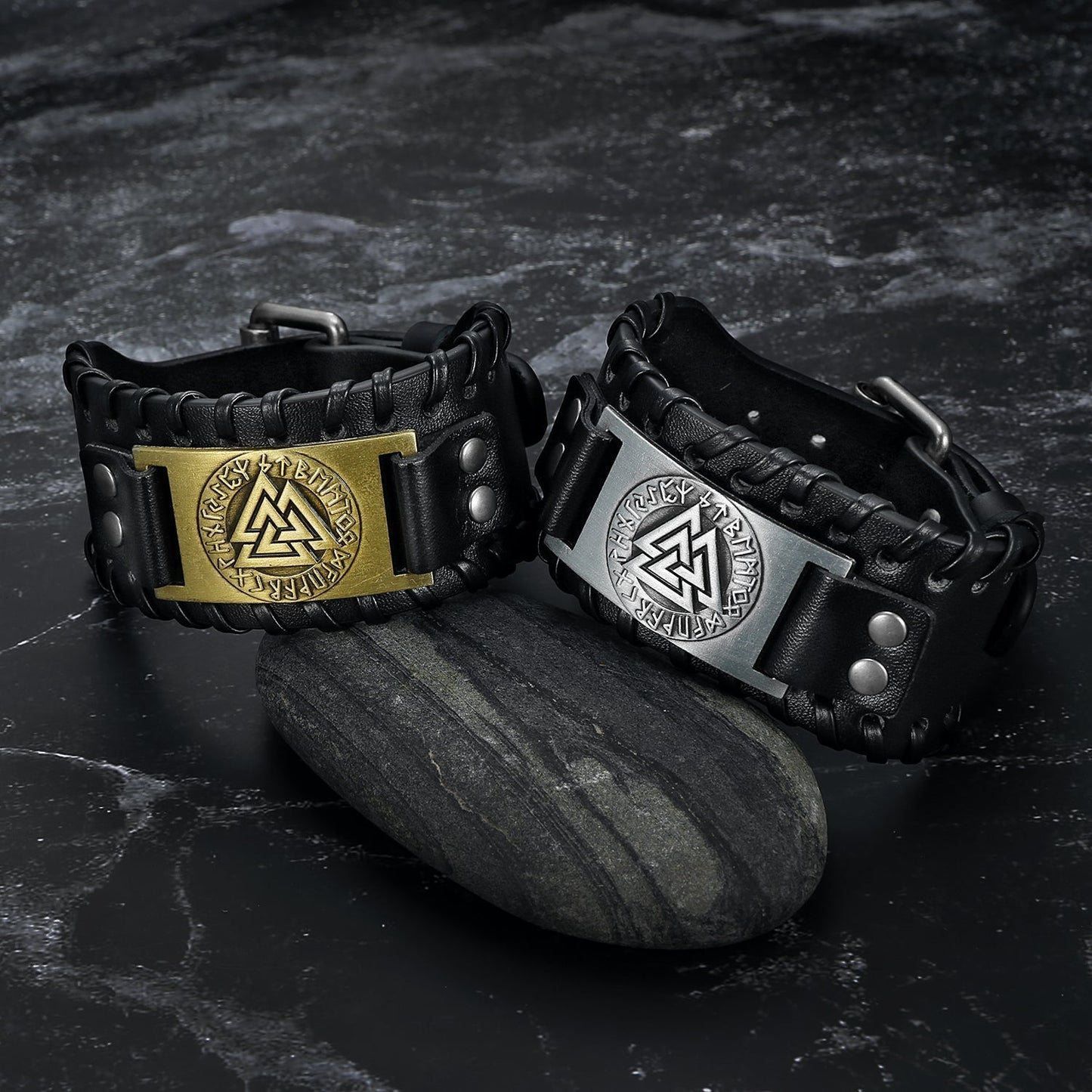 Nordic Pride Leather Buckle Arm Cuff With Metal Valknut Symbol Design