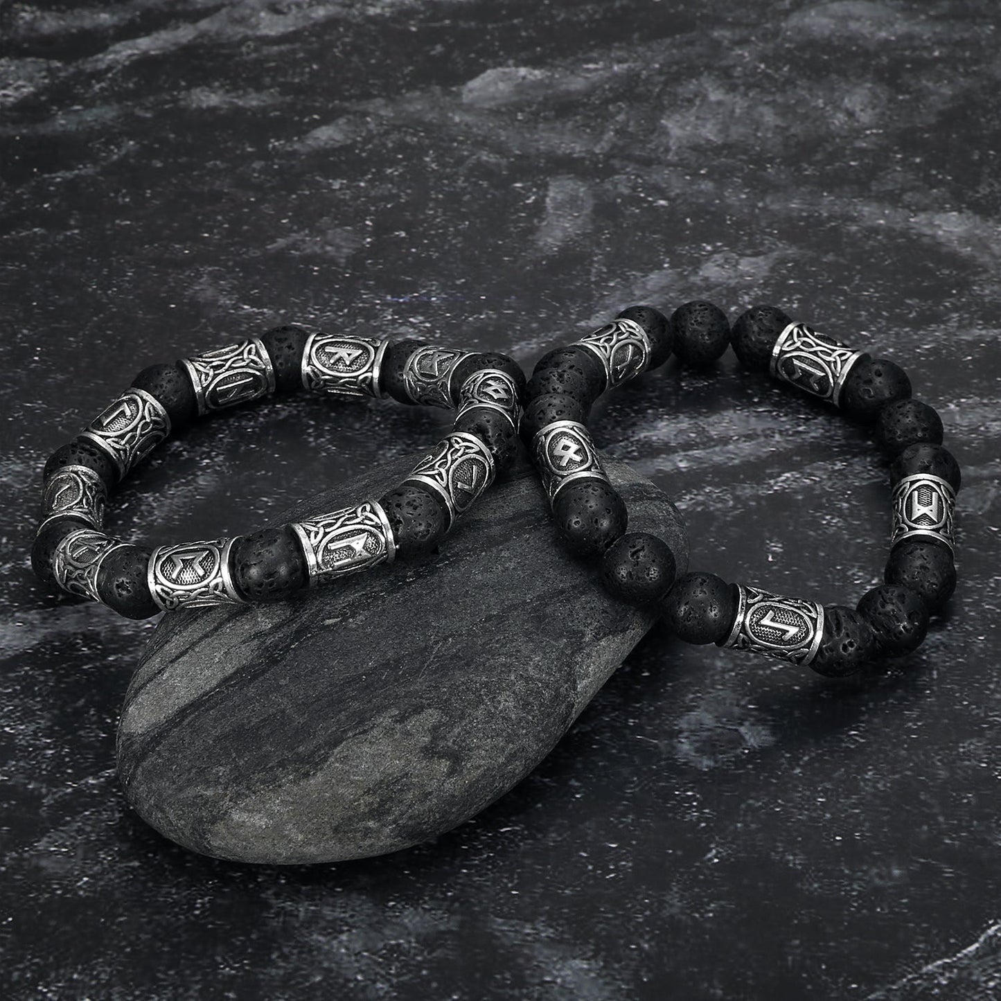 Nordic Pride Silver Rune and Black Lava Stone Bracelet