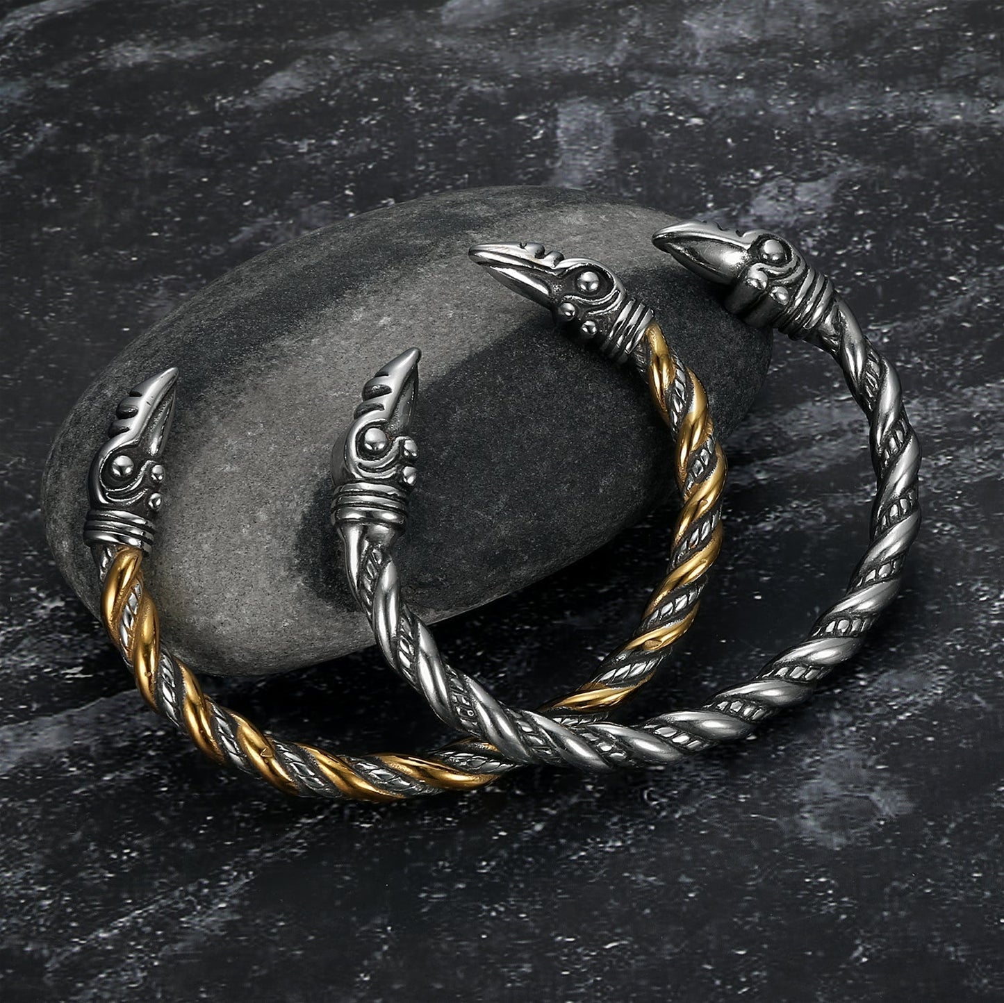 Nordic Pride Handcrafted Stainless Steel Beaded Spiral Raven Head Torc Bracelet