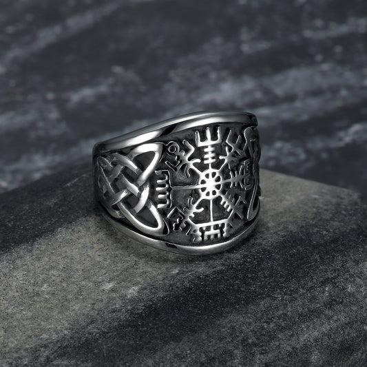 Nordic Pride Handcrafted Stainless Steel Icelandic Stave and Celtic Knot Ring