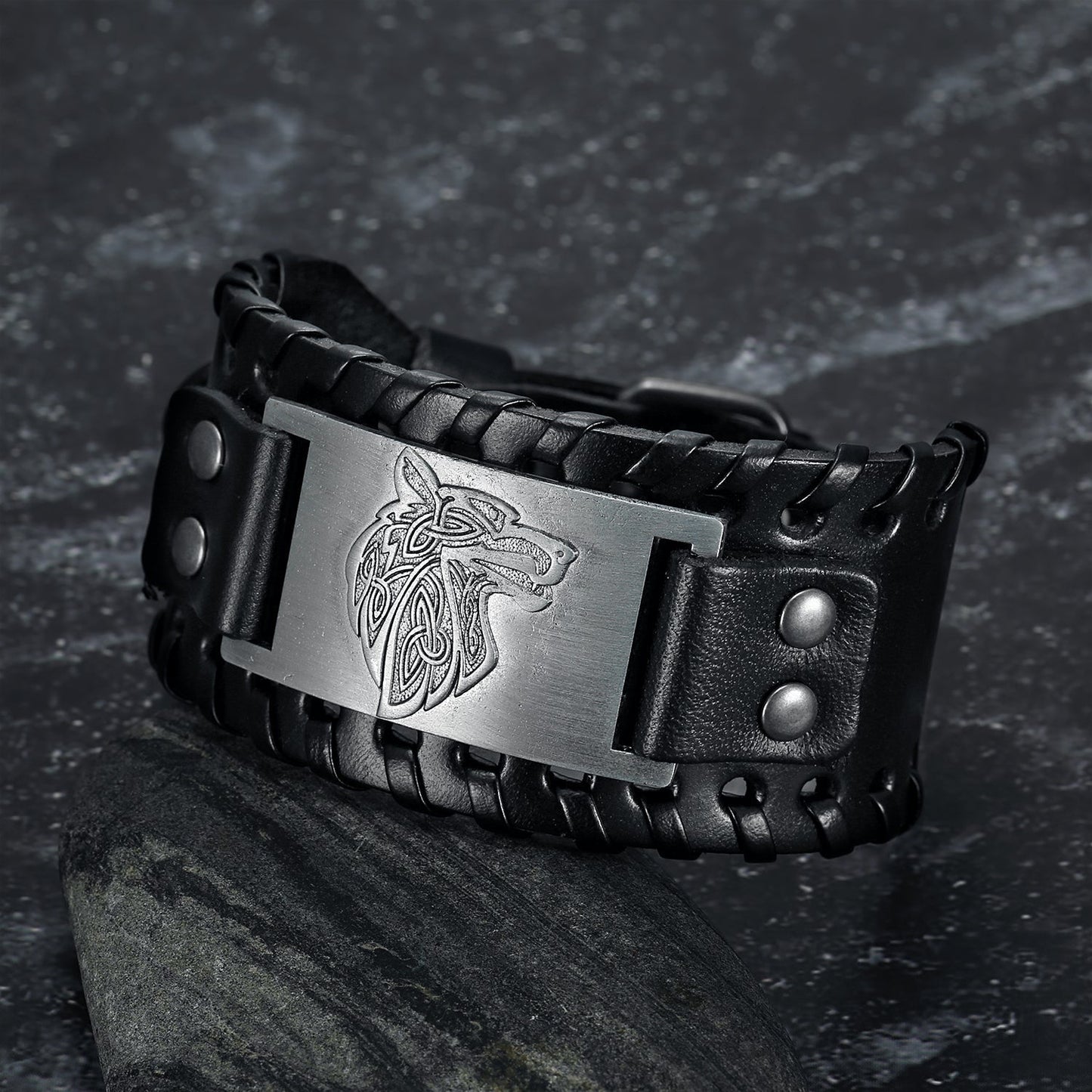 Nordic Pride Leather Buckle Arm Cuff With Fenrir Design