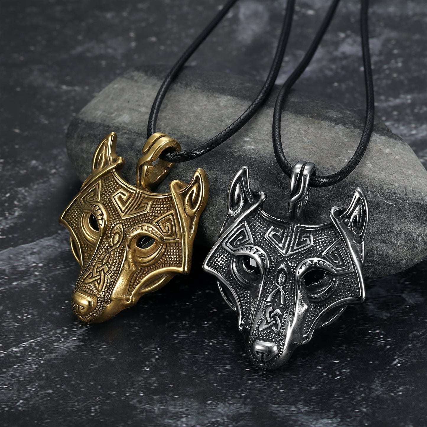 Nordic Pride Norse Grey Wolf  Head Pendant & Chain - Leather Chain