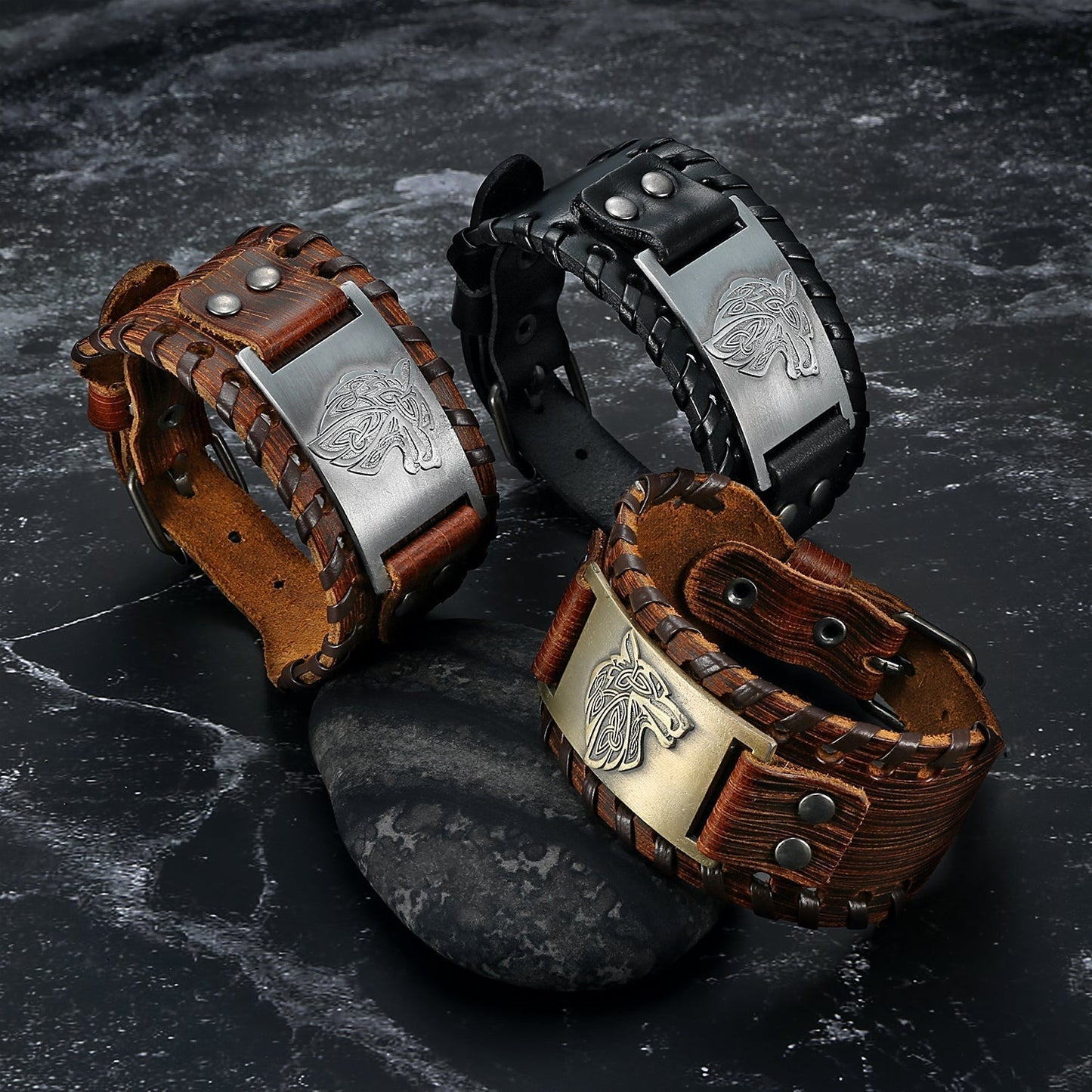 Nordic Pride Leather Buckle Arm Cuff With Fenrir Design